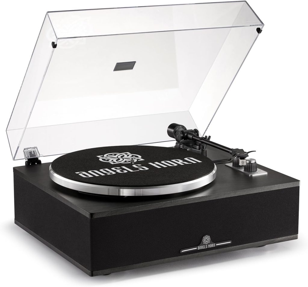 ANGELS HORN Bluetooth Vinyl Record Player - High-Fidelity 2-Speed Turntable with Built-in Speakers - Includes Phono Preamp  Magnetic AT-3600L Cartridge - Black Classic Edition