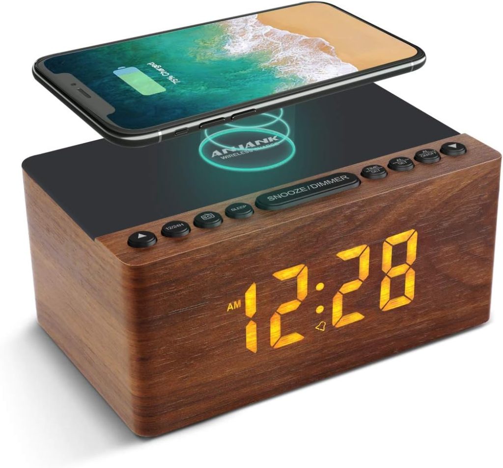 ANJANK Digital LED Alarm Clock FM Radio, Fast Wireless Charger Station for iPhone/Samsung Galaxy, 5 Level Dimmer, USB Charging Port, 2 Sounds, Sleep Timer for Bedroom, Bedside, Desk - Wood