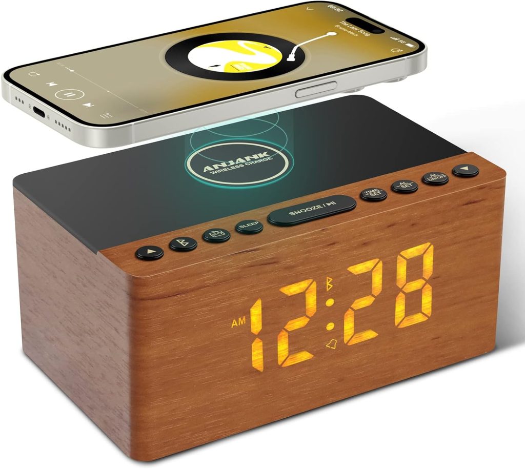 ANJANK Wooden Bluetooth Speaker Alarm Clock with Fm Radio, Wireless Charging Station for iPhone/Samsung, USB Charger Port, Dimmable Display, Sleep Timer, Digital Wood Clock for Bedroom, Bedside