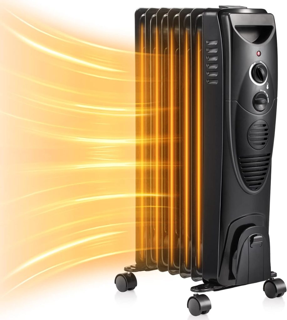 Antarctic Star Oil Filled Radiator Heater, 1500W Portable Electric Space Heater, Adjustable Thermostat, 3 Heat Settings,Tip Overheat Protection Quiet Working, Black