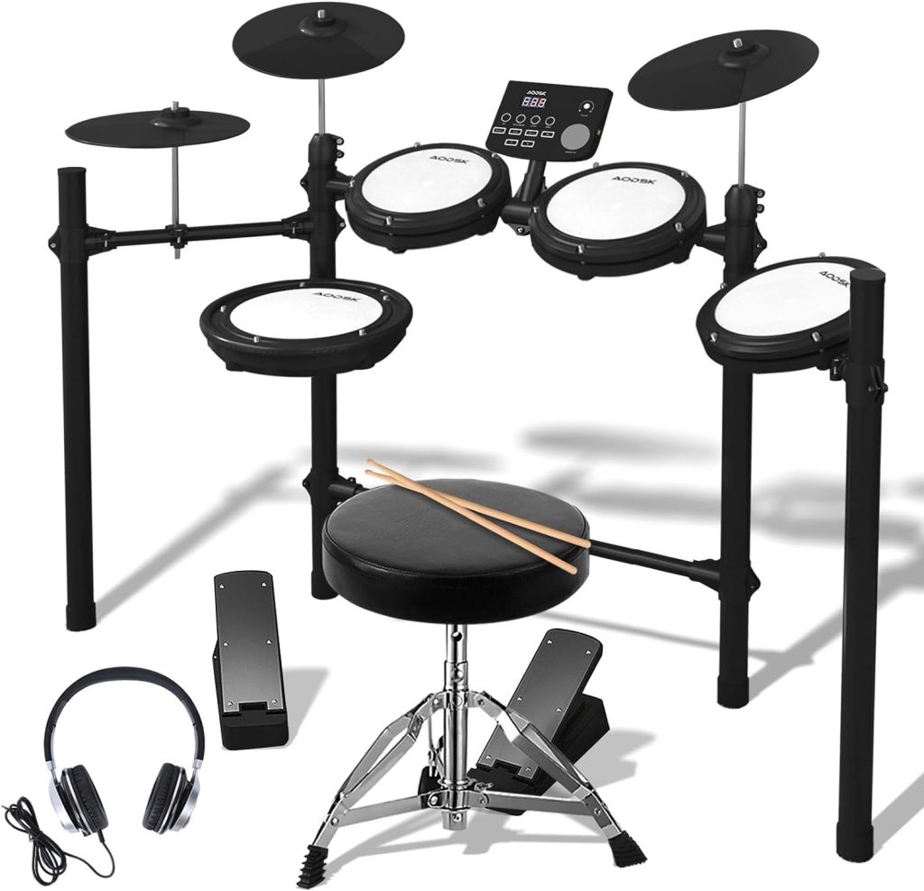 AODSK Electronic Drum Set,Electric Drum Kit for Beginner with 195 Sounds,Mesh Drum Pads,Drum Sticks,Heavy Duty Pedals,Drum Throne,Sticks Headphone Included,Light  Portable