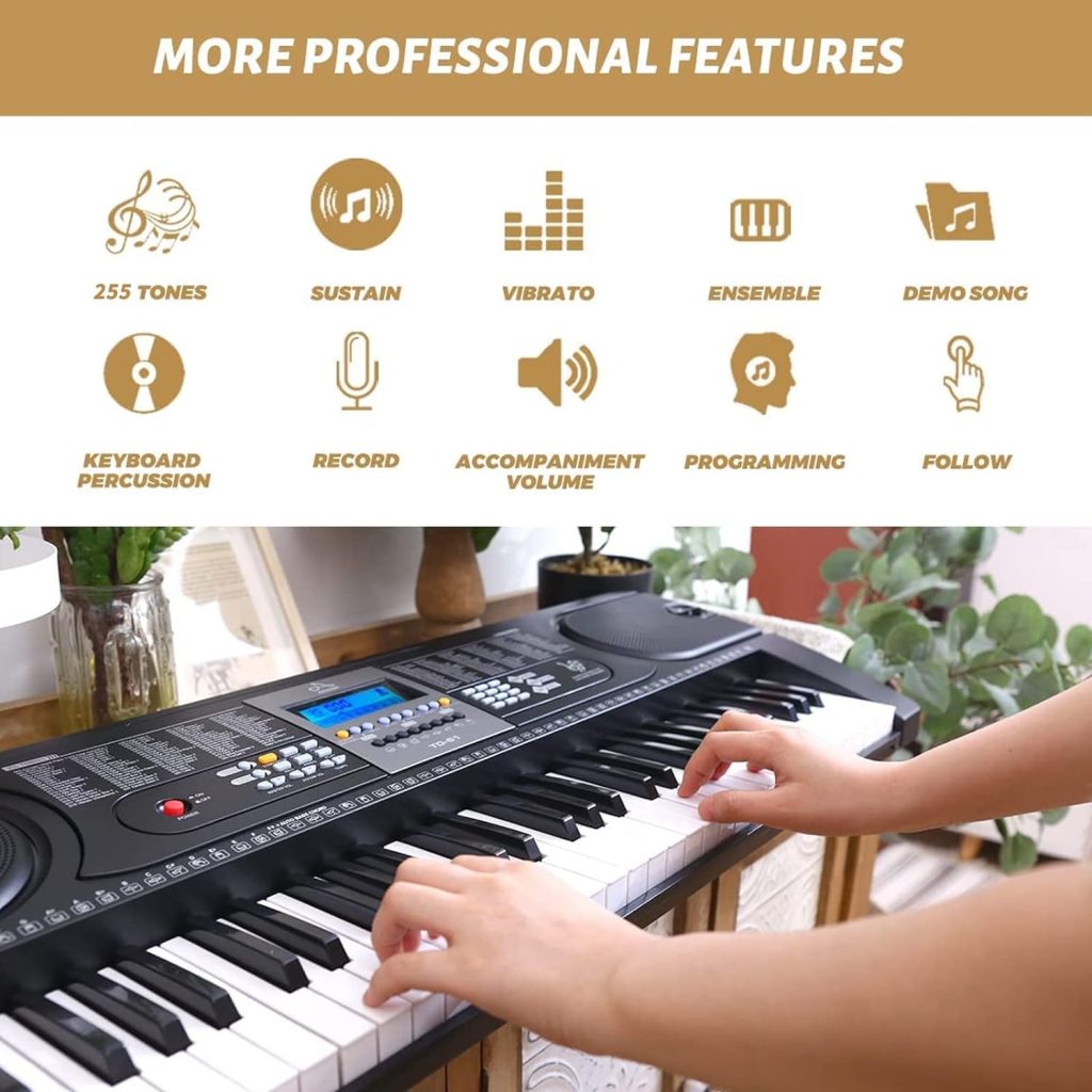 AODSK Keyboard Piano for Beginners Electric Keyboard 61Key With LCD Display Kit for Professional,255 Sounds,Microphone,3.5mm Jack and 24 Demo Songs