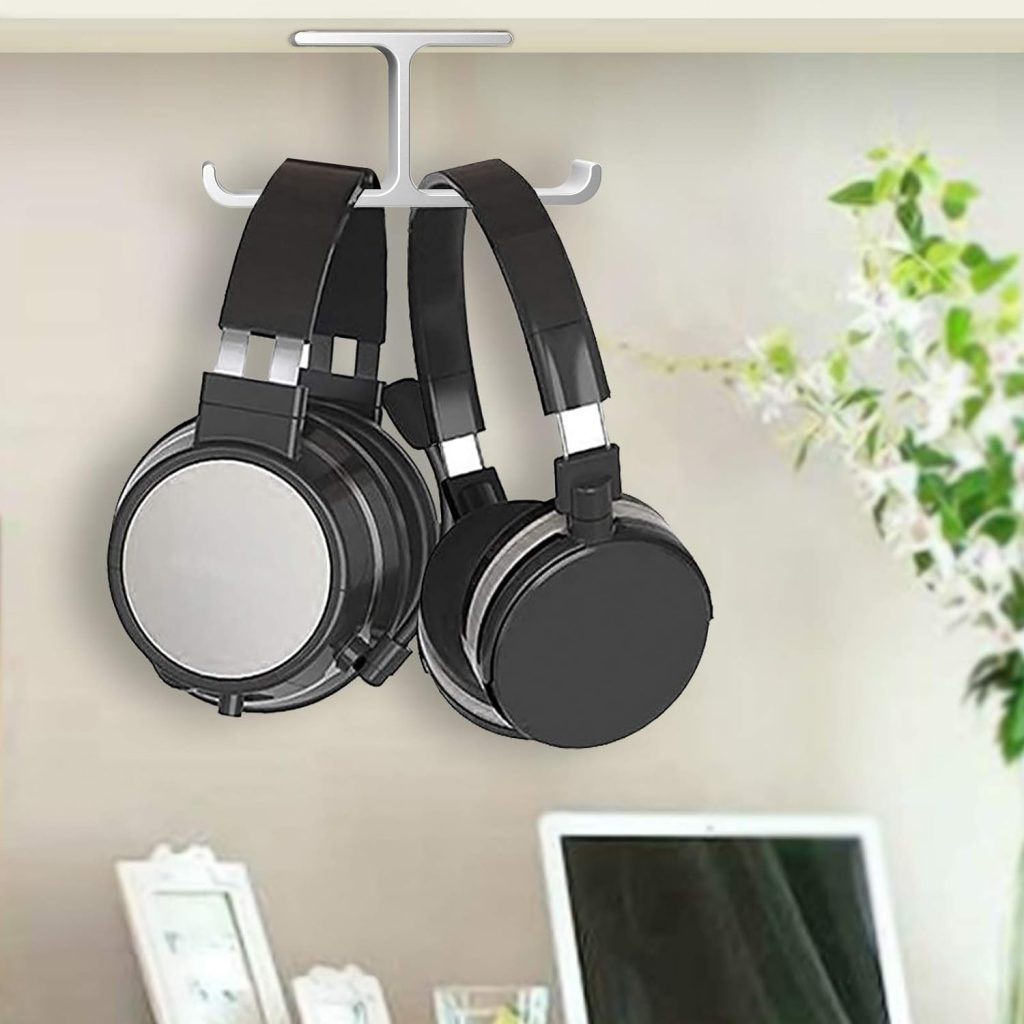 APPHOME Headphone Hanger Stand Under Desk Hook Aluminum Stick-On Adhesive Dual Headsets Holder Mount PC Gaming Accessories for All Headphones