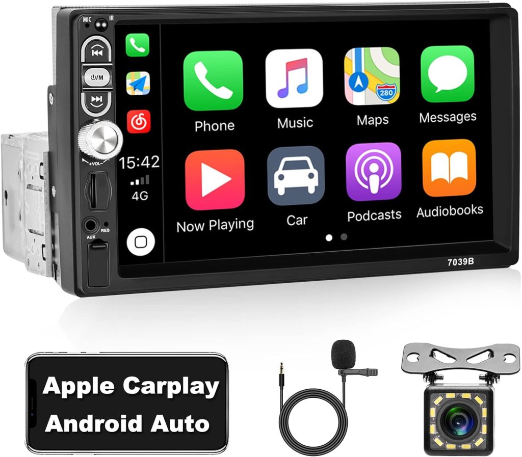 Apple CarPlay Head Unit Single Din Touchscreen Car Stereo Android Auto 7 Inch Car Radio with Bluetooth and Backup Camera Mirror Link USB Charging  FM AUX TF