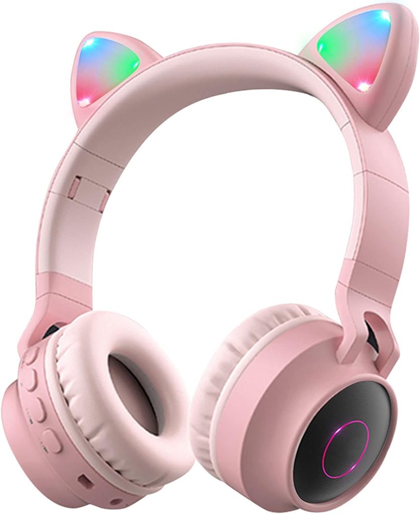 Aresrora Wireless Bluetooth Kids Headphones, Kitty Bluetooth Over Ear Headphones Volume Limiting,LED Lights, FM Radio, TF Card, Aux, Mic for iPhone/iPad/Kindle/Laptop/PC/TV (Pink)
