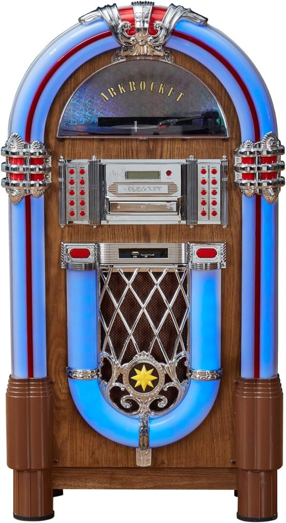 Arkrocket Full Size Jukebox Vinyl Record Player Bluetooth USB SD CD Player Radio Retro Turntable Classic Jukebox (Taurus II - Oak)