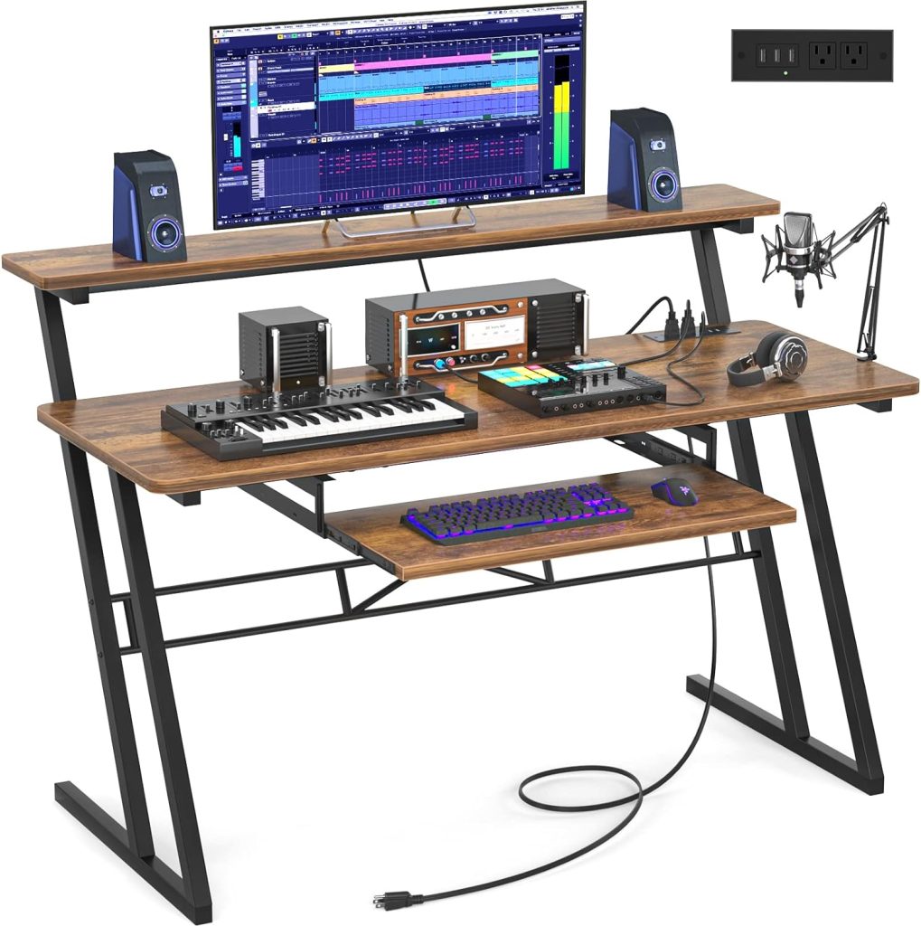 Armocity 47 Music Studio Desk with Power Outlet, Studio Desk for Music Production, Recording Studio Desk for Producer, Studio Workstation Desk for Music Recording, Piano Tray, Raised Stand, Rustic