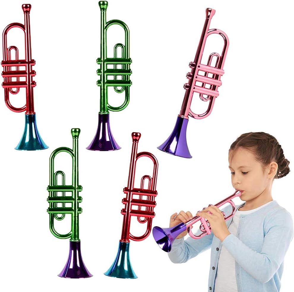 ArtCreativity 13 Inch Metallic Trumpets, Set of 5, Fun Plastic Musical Instruments Noise Makers for Parties and Events, Music Toys for Kids, Cool Birthday Party Favors for Boys and Girls