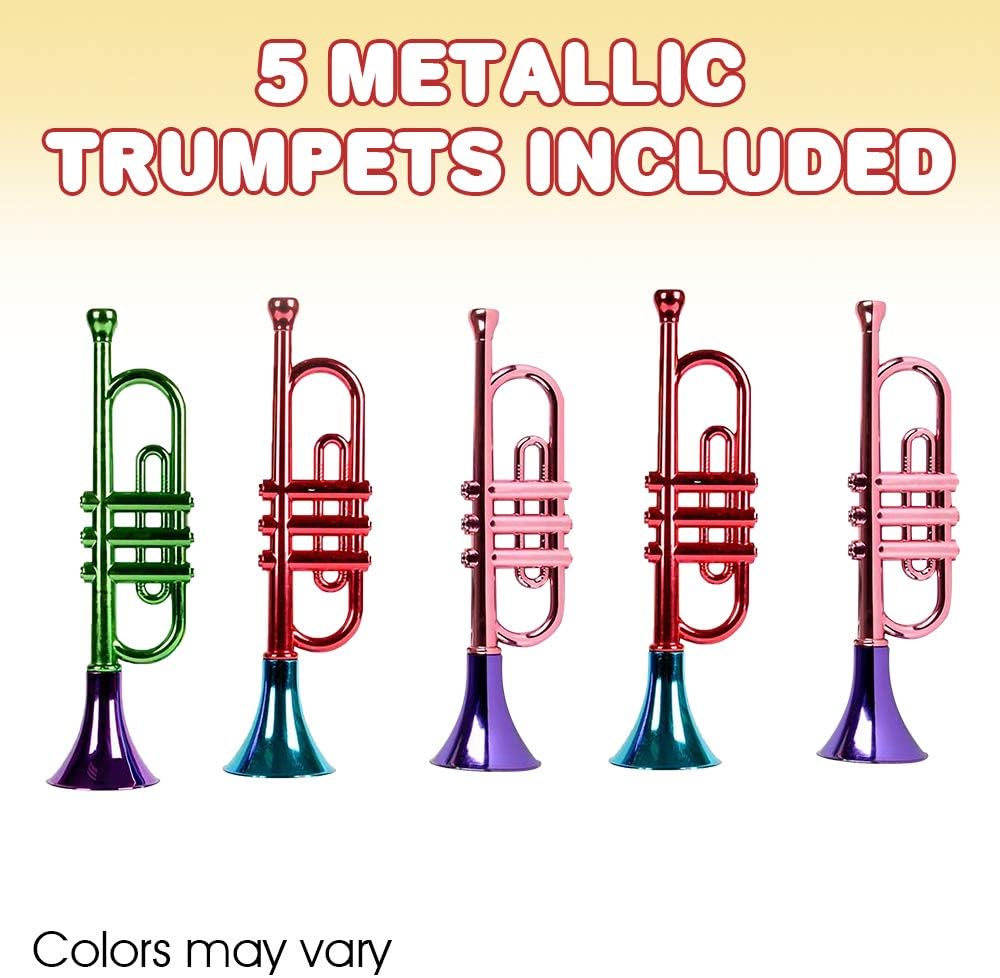 ArtCreativity 13 Inch Metallic Trumpets, Set of 5, Fun Plastic Musical Instruments Noise Makers for Parties and Events, Music Toys for Kids, Cool Birthday Party Favors for Boys and Girls