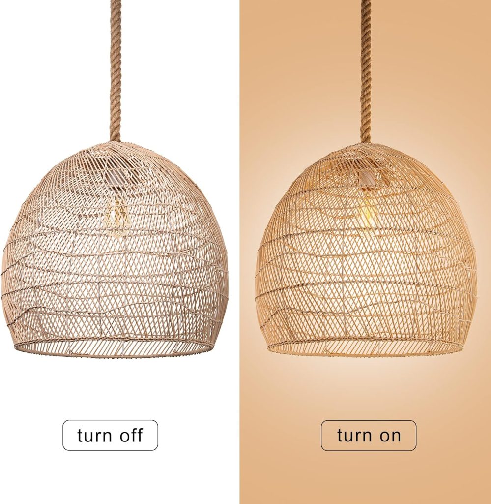 Arturesthome Natural Rattan Pendant Light,Woven Lamp Shade,Ceiling Light Shade,Handmade Lampshade,Rope Lamp for Kitchen Island (50cmx45cm)