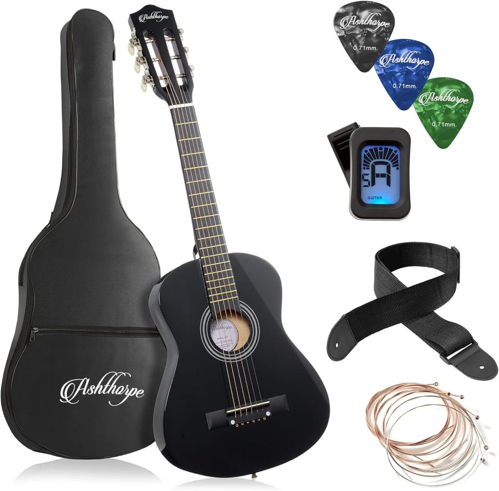 Ashthorpe 30-inch Beginner Acoustic Guitar Package (Black), Basic Starter Kit w/Gig Bag, Strings, Strap, Tuner, Picks