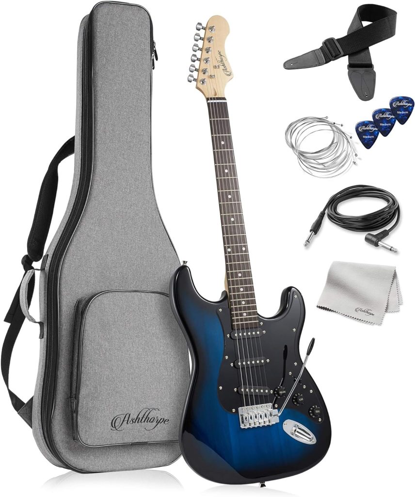 Ashthorpe 39-Inch Electric Guitar (Light Blue-Silver), Full-Size Guitar Kit with Padded Gig Bag, Tremolo Bar, Strap, Strings, Cable, Cloth, Picks