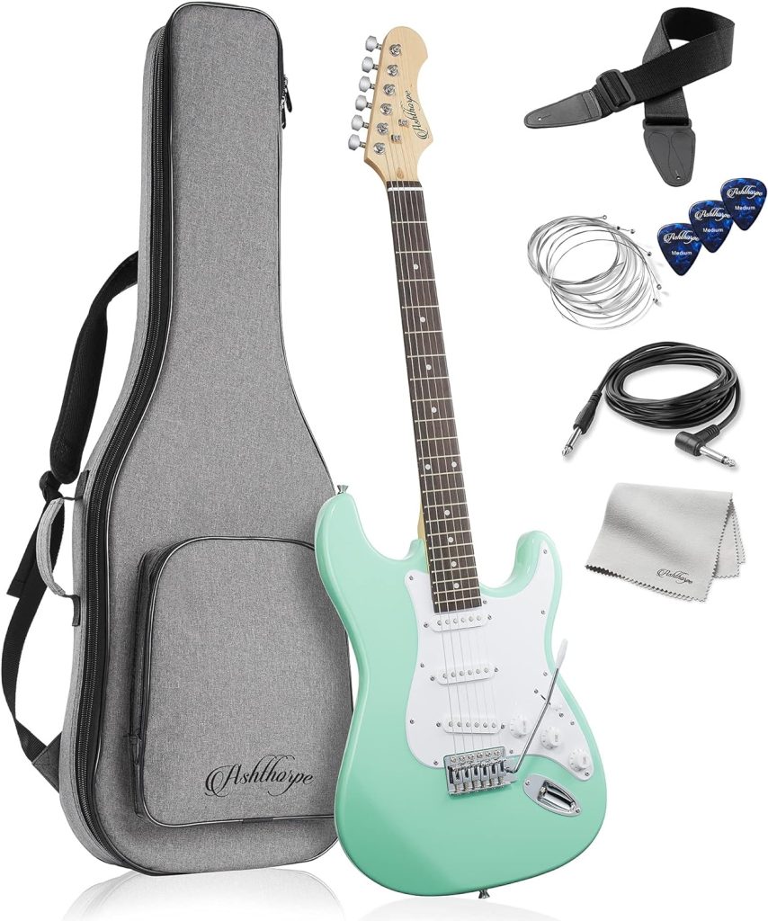 Ashthorpe 39-Inch Electric Guitar (Mint Green-White), Full-Size Guitar Kit with Padded Gig Bag, Tremolo Bar, Strap, Strings, Cable, Cloth, Picks