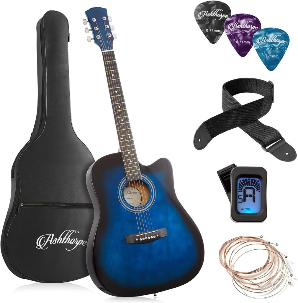 Ashthorpe 41-inch Beginner Cutaway Acoustic Guitar Package (Blue), Full Size Basic Starter Kit w/Gig Bag, Strings, Strap, Tuner, Picks