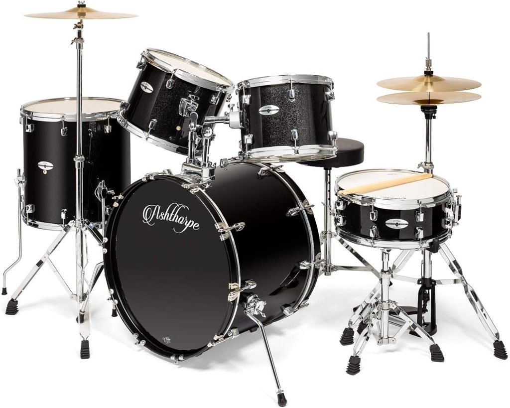 Ashthorpe 5-Piece Full Size Adult Drum Set with Remo Heads  Premium Brass Cymbals - Complete Professional Percussion Kit with Chrome Hardware - Black