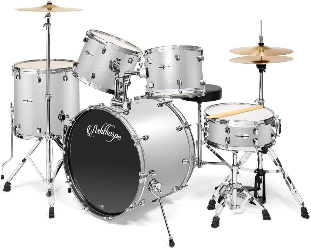 Ashthorpe 5-Piece Full Size Adult Drum Set with Remo Heads  Premium Brass Cymbals - Complete Professional Percussion Kit with Chrome Hardware - Silver