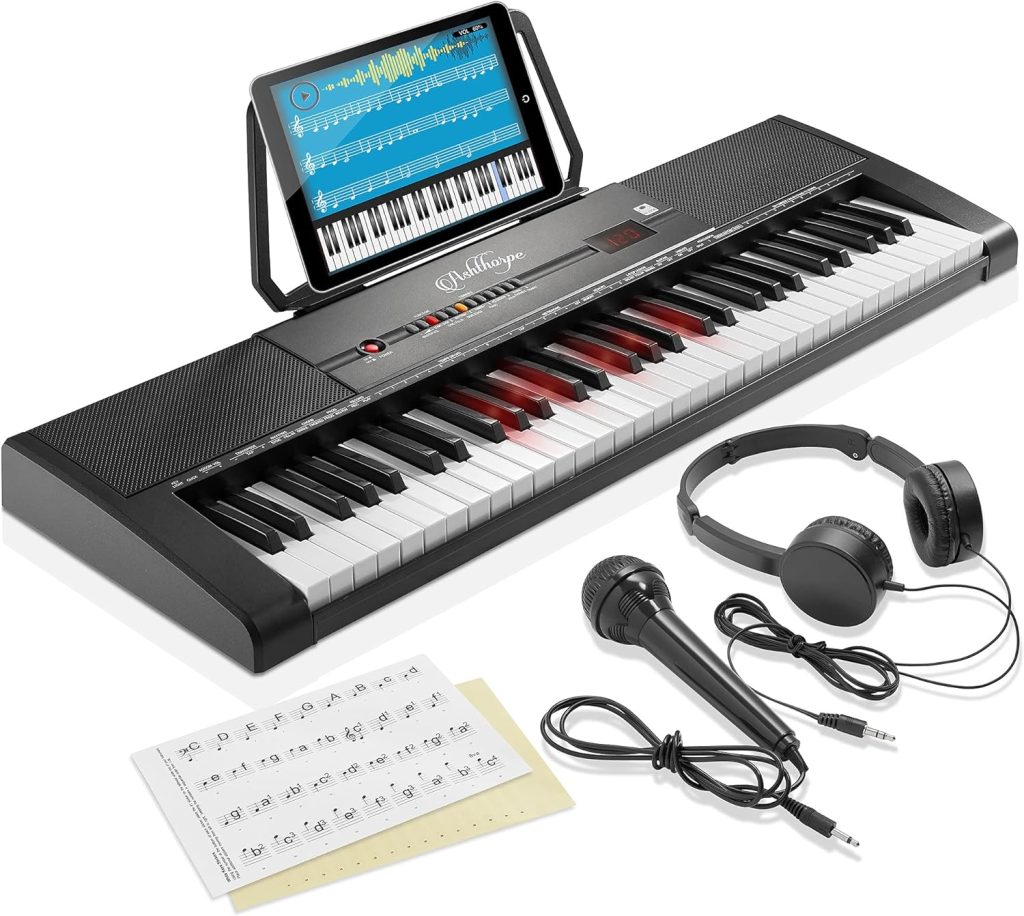 Ashthorpe 61-Key Digital Electronic Keyboard Piano with Light Up Keys, Portable Beginner Kit Includes Headphones, Mic and Keynote Stickers