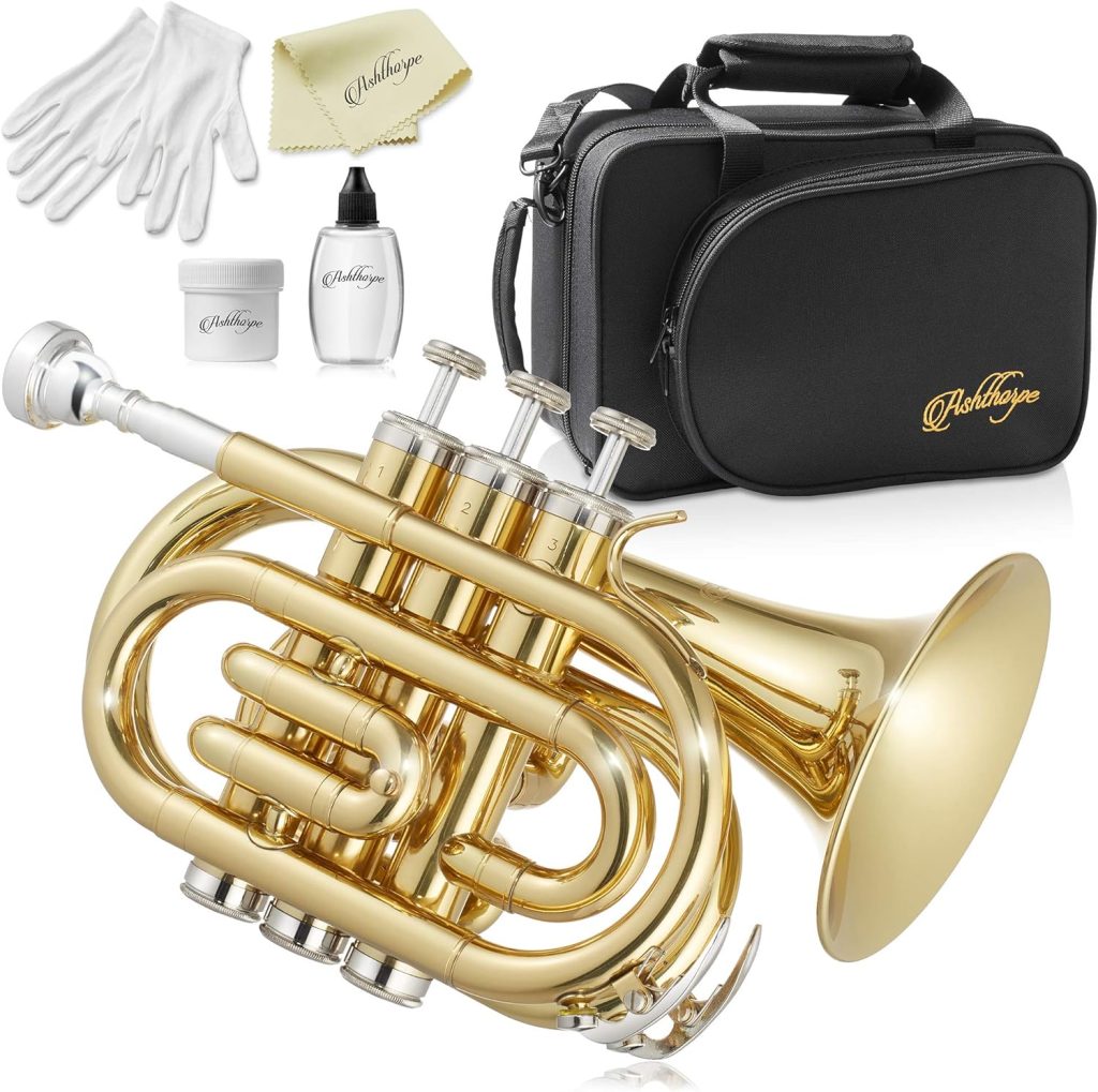 Ashthorpe Bb Brass Pocket Trumpet with Gold Lacquer Finish - Includes Case, Mouthpiece, Gloves, Cleaning Cloth, Valve Oil