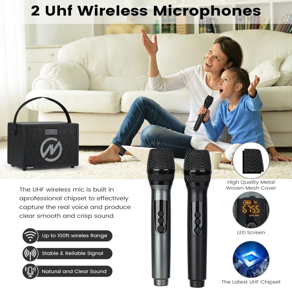 Asmuse Karaoke Machine, Portable Bluetooth Speaker with Two Wireless Microphones, Rechargeable PA System for Party Classroom Church Meeting
