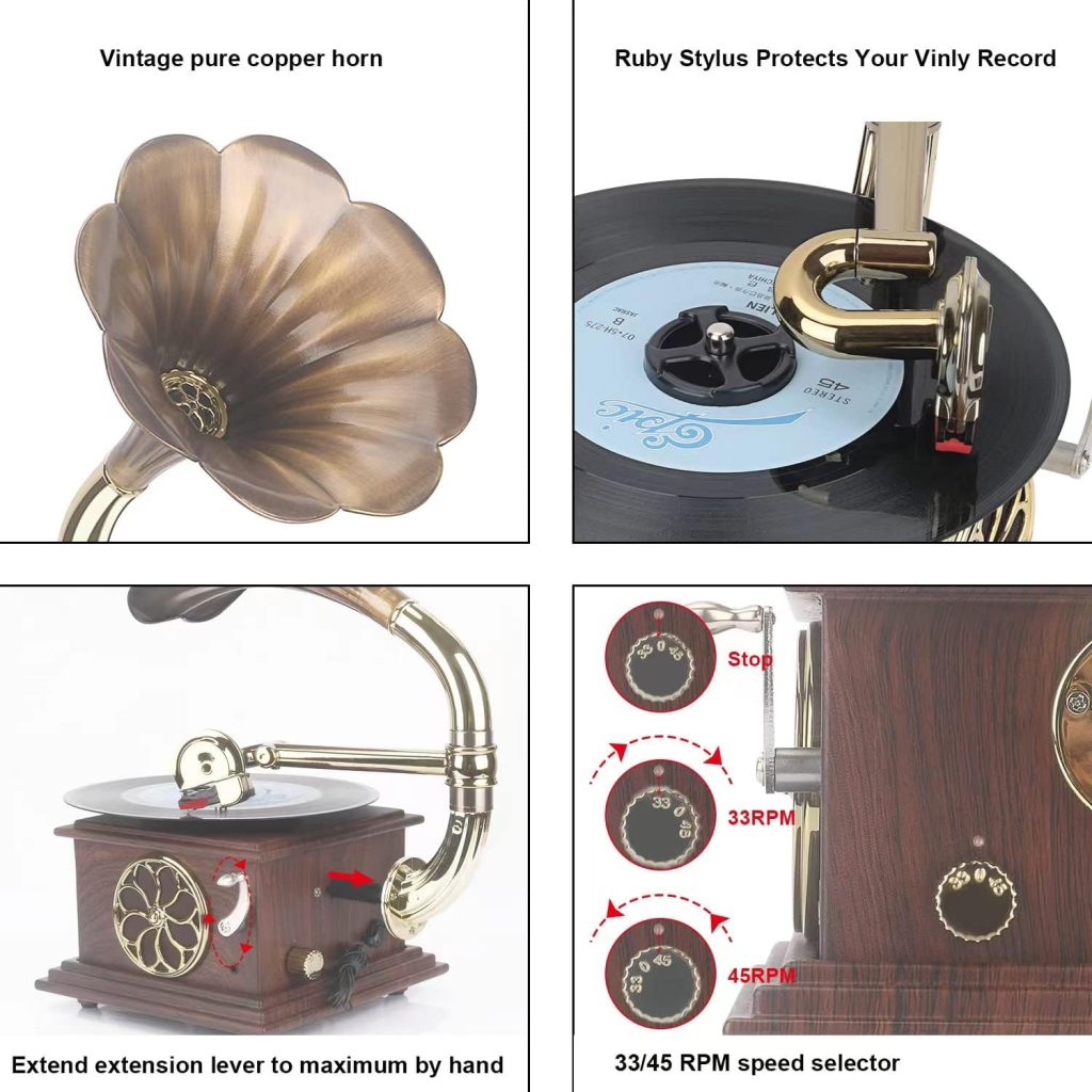 Vintage Classic Retro Phonograph Gramophone Vinyl Record Player Turntable  Bluetooth 4.2, 3.5mm Aux-in/USB/FM Radio with Copper Horn