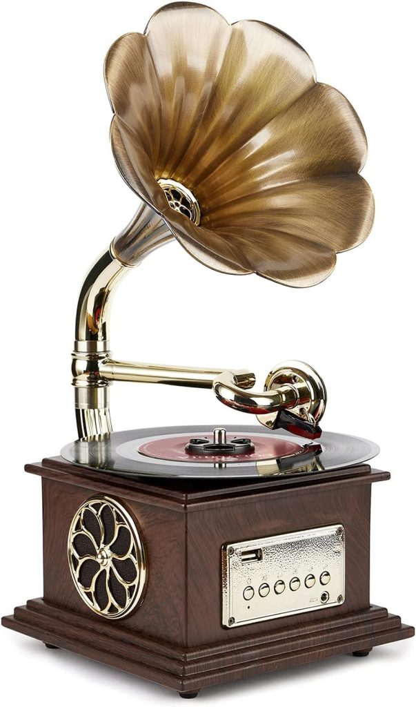 Asommet Gramophone Record Player Retro Turntable All in One Vintage Phonograph Nostalgic for LP with Copper Horn, Built-in Speaker 3.5mm Aux-in/USB/FM Radio Size:13.5in