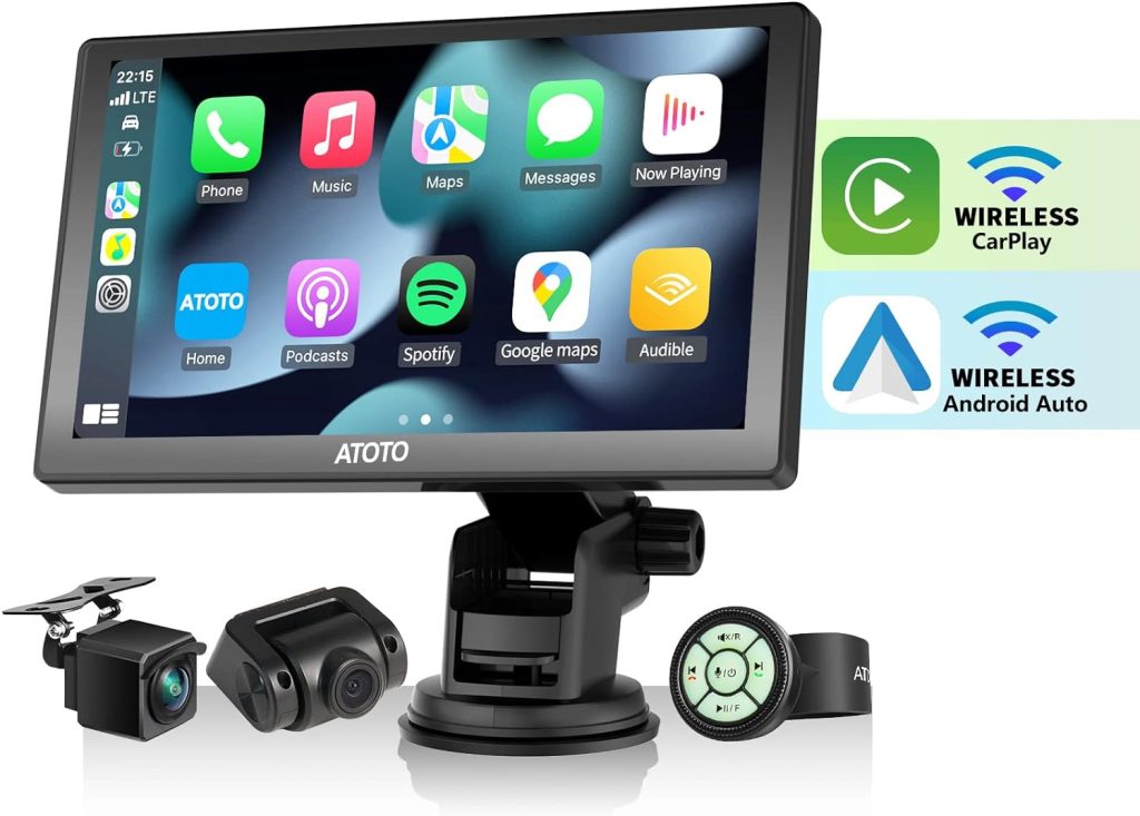 ATOTO P8 Portable Wireless Android Auto 7inch Car Stereo, Wireless CarPlay, with 1080P Dual Recording Cameras, Remote Control, WDR  Auto Dimmer, Fast Charge, Support Up to 128G SD, P807PR