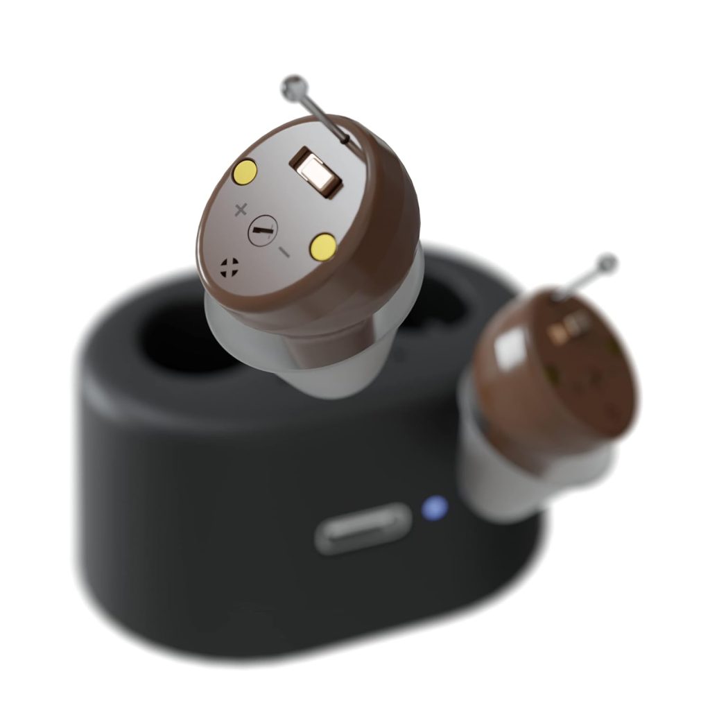 Audien ATOM Rechargeable Hearing Amplifier to Aid and Assist Hearing, Premium Comfort Design and Nearly Invisible - Brown Color
