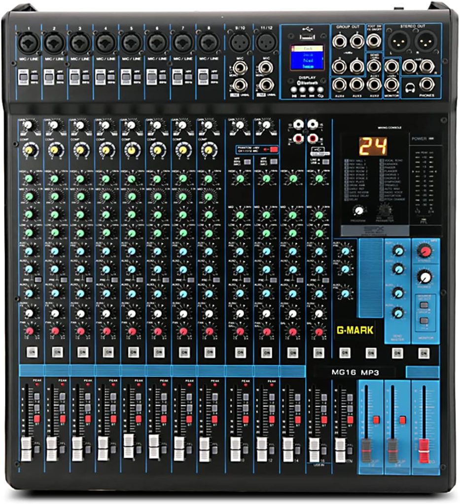Audio Mixer Bluetooth G-MARK Professional Mixer Usb Interface Sound Board Console System 16 Channel Digital MP3 Computer Input 48V Phantom Power Stereo DJ 24-Bit SPX Effects Mixing Console