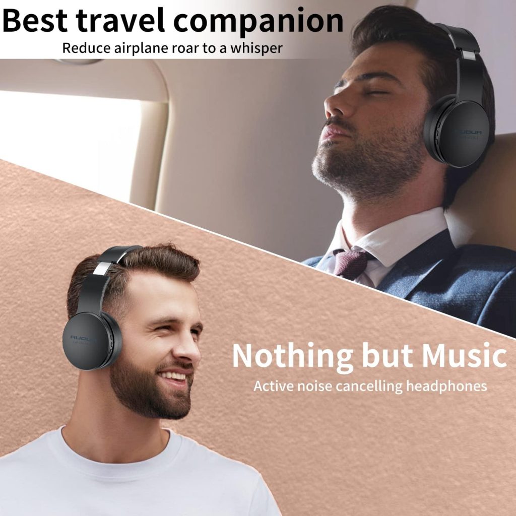AUOUA Life On Music Active Noise Cancelling Headphones Wireless Bluetooth, Over Ear Headsets with Microphone, Foldable Headphone for PC,TV,Cell Phone,Laptop,Sport,Gym,Travel, Black