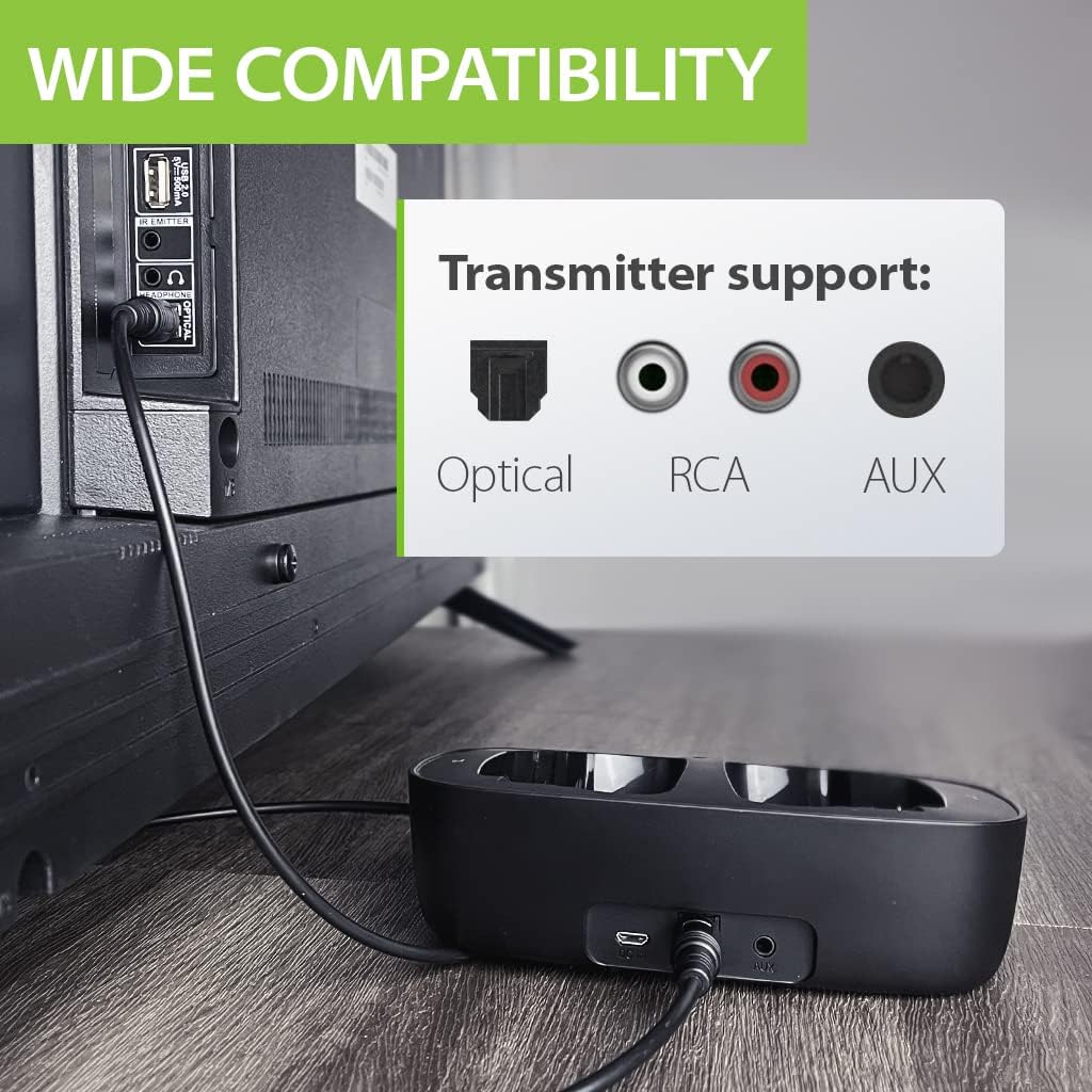 Avantree Ensemble - Wireless Headphones for TV Watching with Universally Compatible Bluetooth Transmitter and Charging Dock, 35hr Audio Playtime, No Lip-Sync Delay, Plug n Play