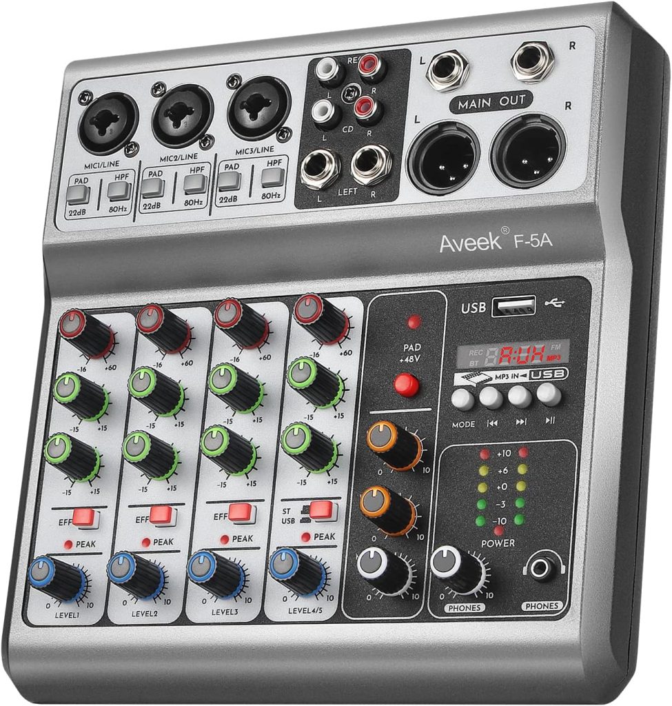 Aveek Professional Audio Mixer, Sound Board Mixing Console with 5 Channel Digital USB Bluetooth Reverb Delay Effect, Input 48V Phantom Power Stereo DJ Mixers for Recording, Live Streaming, Podcasting