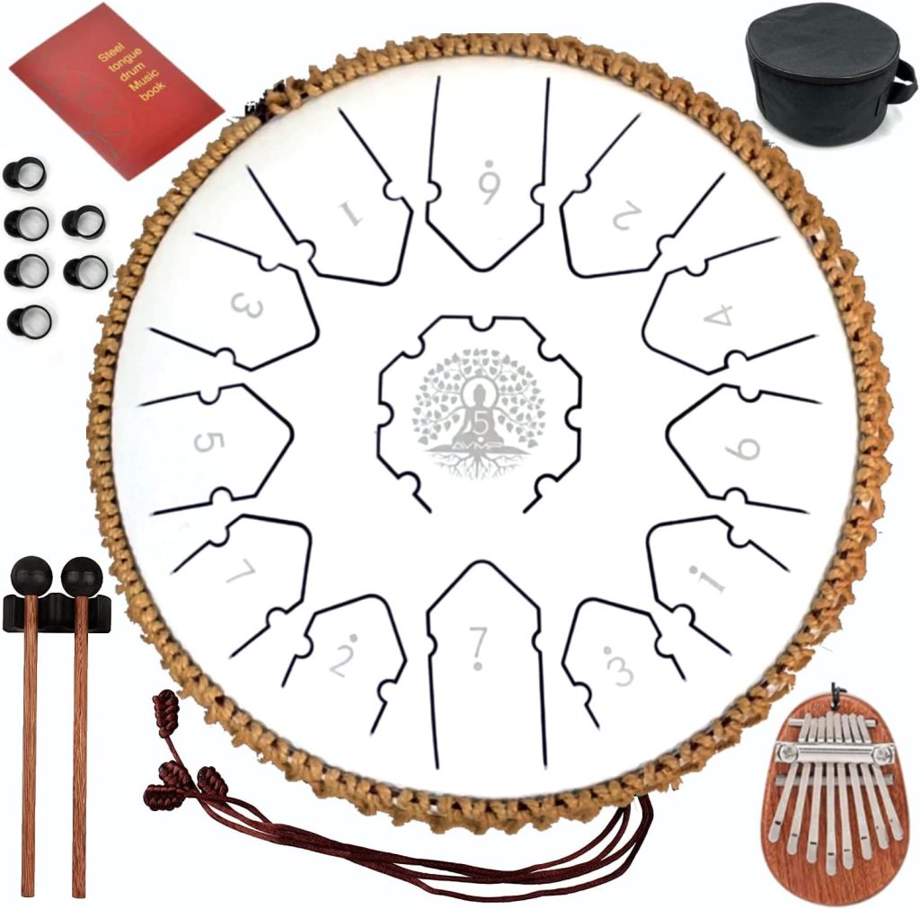 AVMP White Steel Tongue Drum 13 Note 12 inch C Major hand pan drums instrument Free Kalimba Travel Bag Rattan Mallets finger picks Book theta spot toung Handpan percussion Gift set for Adults  Kids
