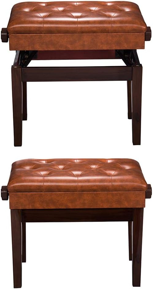 AW Piano Bench Stool Adjustable Height Leather Padded Wooden Keyboard Seat with Music Storage Weight Capacity 551lbs Brown