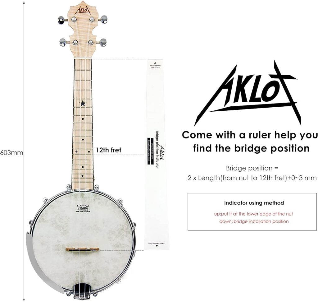 Banjo Ukulele, AKLOT Concert 23 inch Remo Drumhead Open Back Maple Body 15:1 Advanced Tuner with Two Way Truss Rod Gig Bag Tuner String Strap Picks