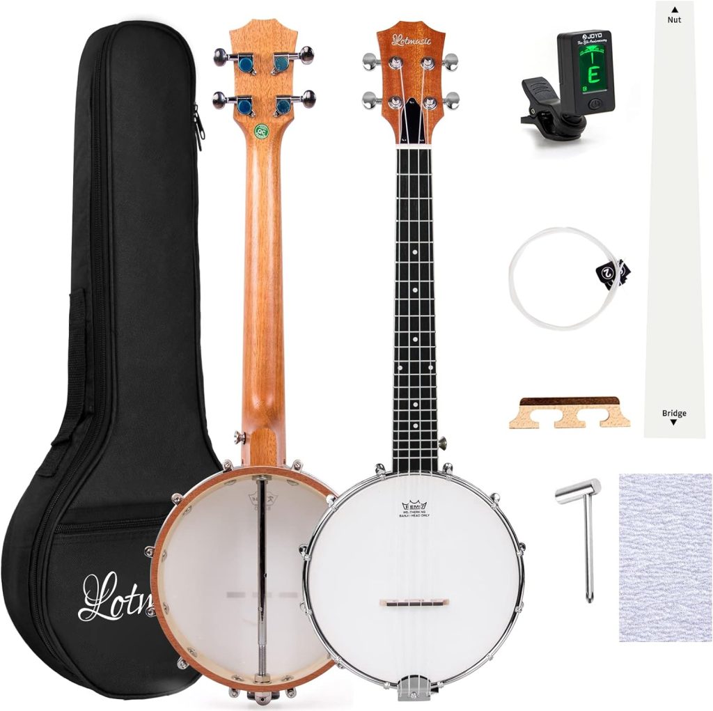 Banjolele, Sapele Travel Banjolele 26 Inch 4 String Lotmusic Remo Drumhead Open Back with Beginner Kit Extra String Allen Wrench Tuner Sandpaper Ruler and Bag