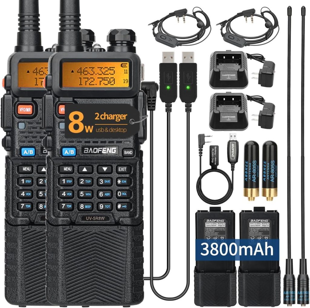 BAOFENG UV-5R 8W High Power Ham Radio Dual Band Portable Two Way Radio Long Range Rechargeable Handheld Radio Full Kit(Black-2Pack Full Set)