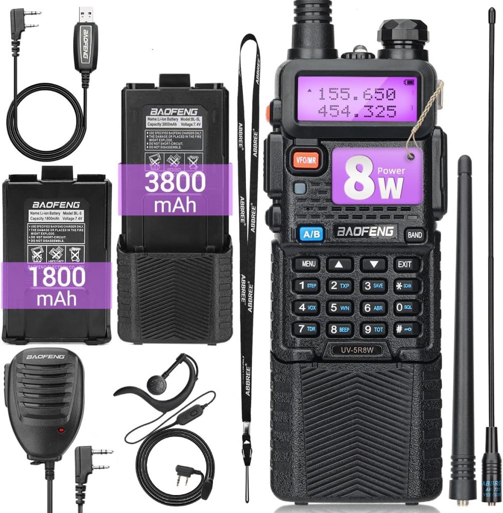 BaoFeng UV-5R 8W High Power Two Way Radio Portable Ham Radio Handheld with one More 3800mAh Battery,Speaker, Antenna, USB Program Cable and Earpiece