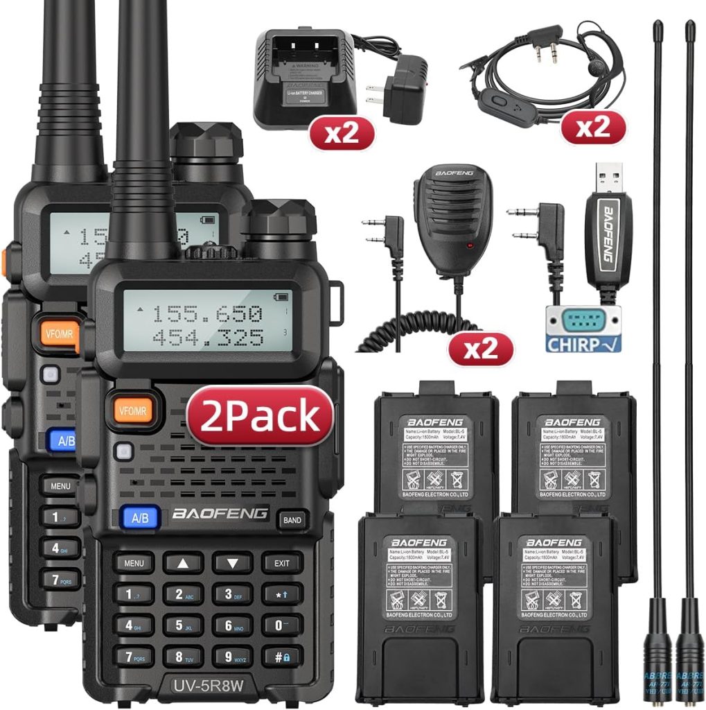 Baofeng UV-5R 8W Radio Ham Radio Handheld Dual Band Two Way Radio Long Range Walkie Talkies with Extra Battery Programming Cable 771 Antenna Headsets Full Kits-2Pack