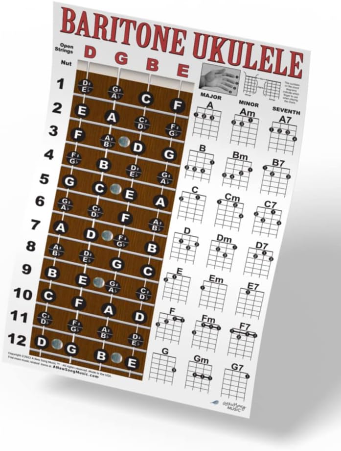 Baritone Ukulele Fretboard Notes  Easy Beginner Chord Chart Instructional Poster for Bari Uke by A New Song Music 11x17