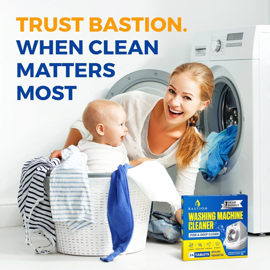 Bastion Washing Machine Cleaner Tablets 24 pack Powerful Descaler -Deep Cleaning for HE Front Loader  Top Load Washer Septic Safe Eco-Friendly Deodorizer Clean Drum  Laundry Tub Seal- Years Supply