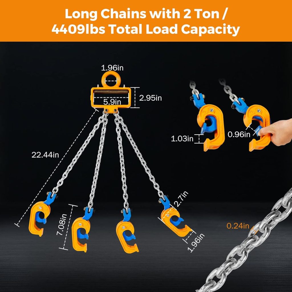 BEAMNOVA Upgraded Chain Drum Lifter 2 Ton / 4400lbs Loading Capacity for 55 Gallon Drums Forklift Hoist Crane Metal Plastic Barrel Double Lifting Chains, 4 Hooks  Chains