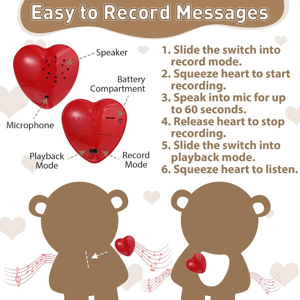 Bear Stuffed Animals with Voice Recorder Set, 60 Seconds Voice Sound Recorder Module 16 Inch Soft Plush Bear Cute Stuffed Bear with Zipper Sound Box Recordable Heart for Boys Girls (Dark Brown)