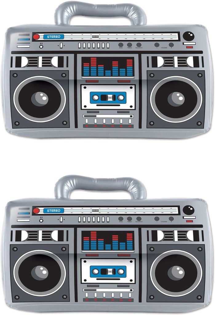 Beistle 2 Piece 11 x 16 Inflatable Boom Boxes 80s Theme Retro 1980s Party Prop Decorations Hip Hop Costume Accessories, Gray/Black/White/Red/Blue