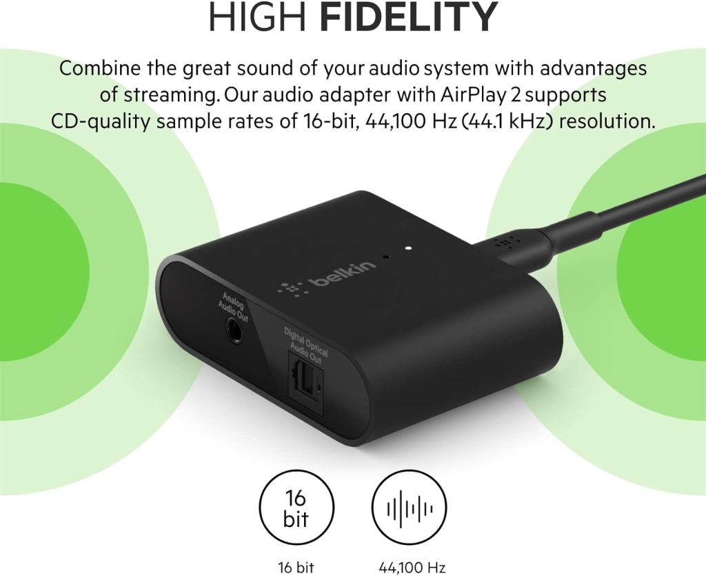 Belkin SoundForm Connect AirPlay 2 Adapter  Airplay 2 Receiver - Wireless Streaming for Apple Devices to Bluetooth Speakers - Optical  3.5mm Speaker Inputs for iPhone 14, 13, MacBook Pro  More