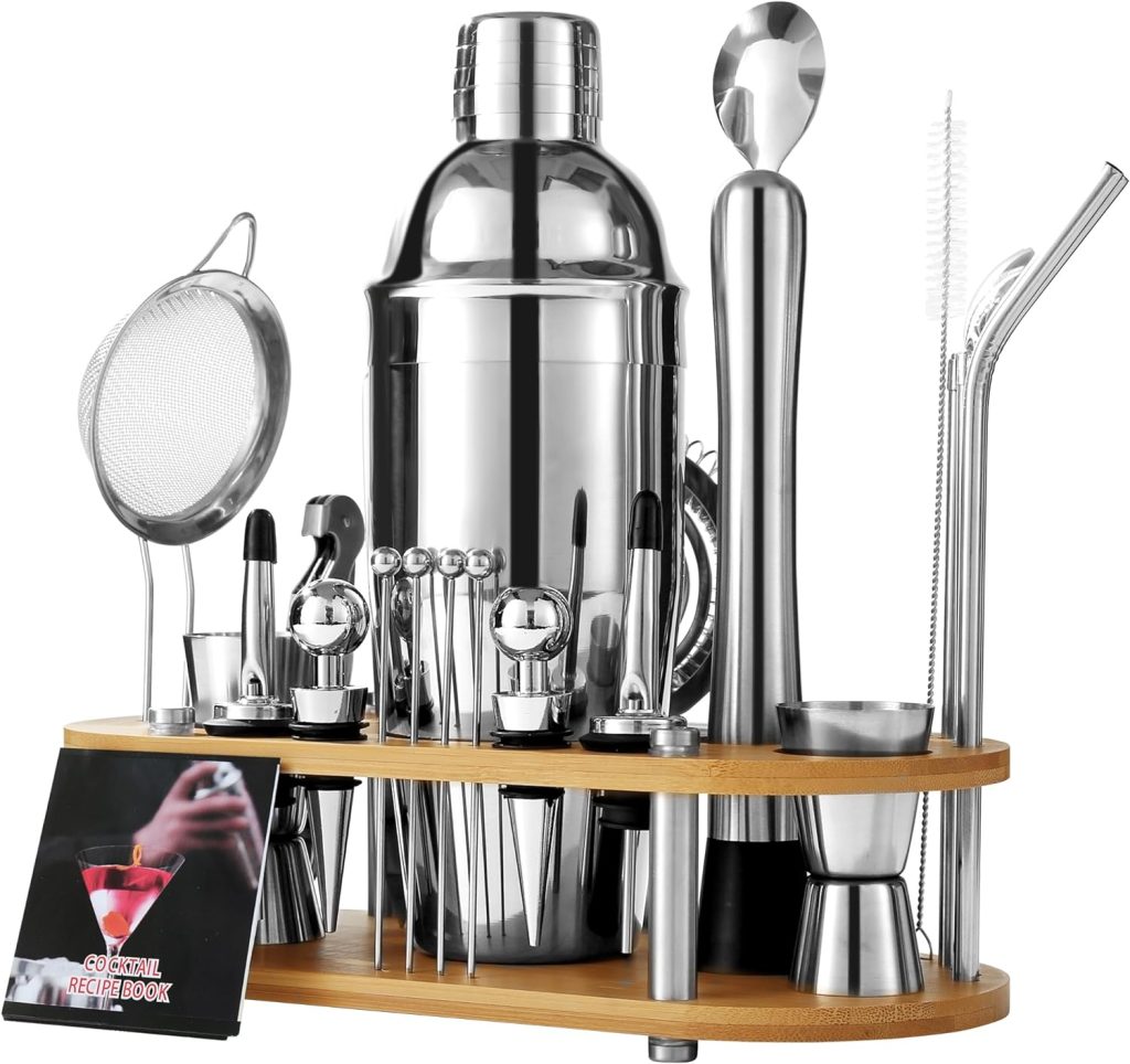 Bellsal Cocktail Shaker Set 24-Piece Stainless Steel Bartender Kit with Bamboo Stand Cocktail Recipes Booklet, Bartending Kit for Drink Mixing, Bar Tool Set for Home and Bar