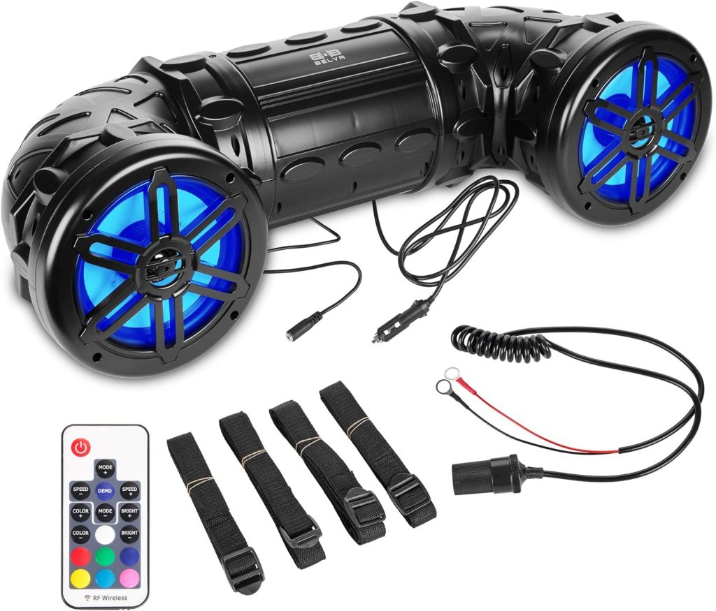 BELVA BPS8RGB UTV/ATV Weatherproof Sound System Dual 8” Speakers with 1” Tweeters, Built-in Amplifier, Bluetooth, Aux-in, Multi Color Illumination, Wireless Remote, Easy Installation
