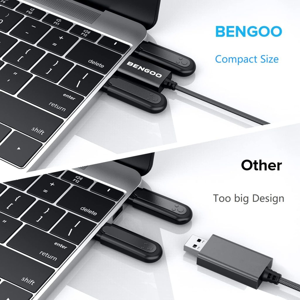 BENGOO USB Sound Card Adapter,USB Audio Adapter 3.5mm Jack,External Sound Card with Dual TRS Headphone and Microphone Jack for Windows Mac Linux PC Laptops Desktops PS4 Headsets, Black