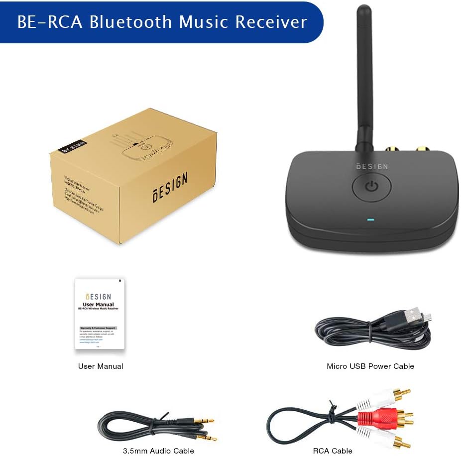 Besign BE-RCA Long Range Bluetooth Audio Adapter, HiFi Wireless Music Receiver, Bluetooth 5.0 Receiver for Wired Speakers or Home Music Streaming Stereo System, Black