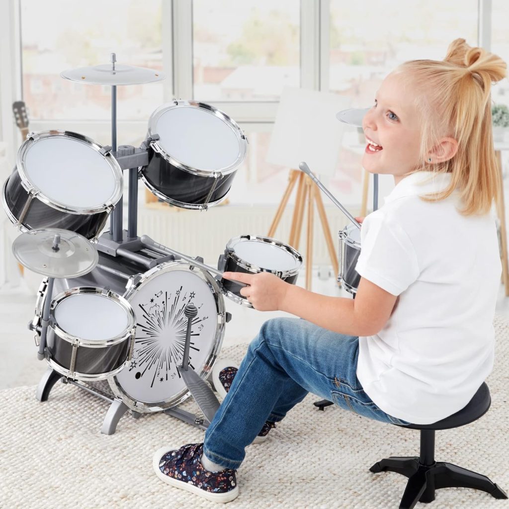 Best Choice Products 18-Piece Kids Beginner Drum Kit, Musical Instrument Toy Drum Set for Music Practice w/LED Lights, Bass, Toms, Snare, Cymbal, Stool, Stand Drumsticks - Black