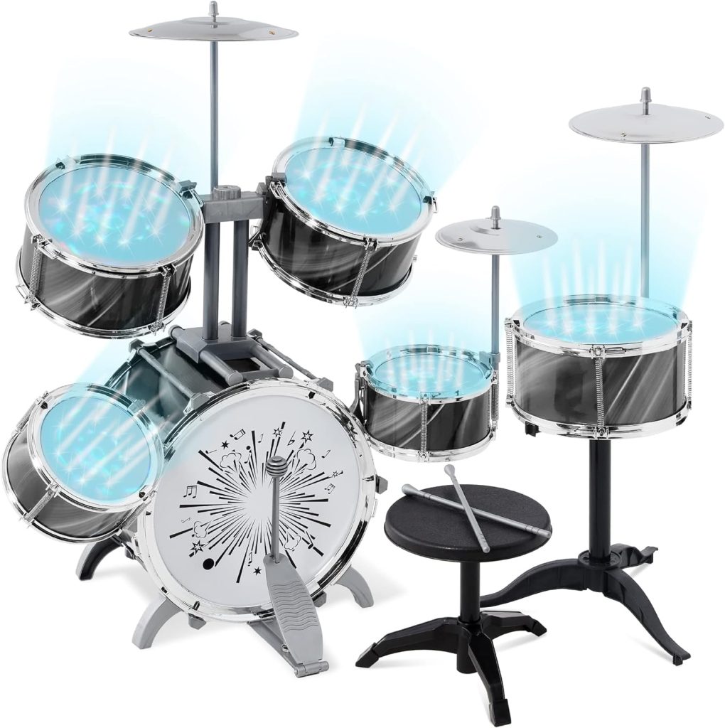 Best Choice Products 18-Piece Kids Beginner Drum Kit, Musical Instrument Toy Drum Set for Music Practice w/LED Lights, Bass, Toms, Snare, Cymbal, Stool, Stand Drumsticks - Black
